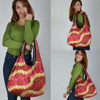 Red Palaka Hawaii Mele Kalikimaka Grocery Bag Ohia Lehua Monstera Puakenikeni Lei LT14 - Polynesian Pride