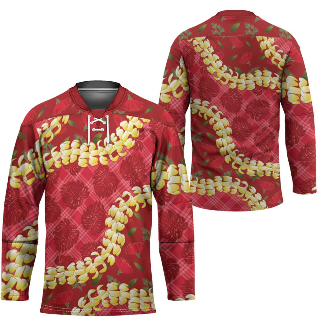 Red Palaka Hawaii Mele Kalikimaka Hockey Jersey Ohia Lehua Monstera Puakenikeni Lei LT14 - Polynesian Pride
