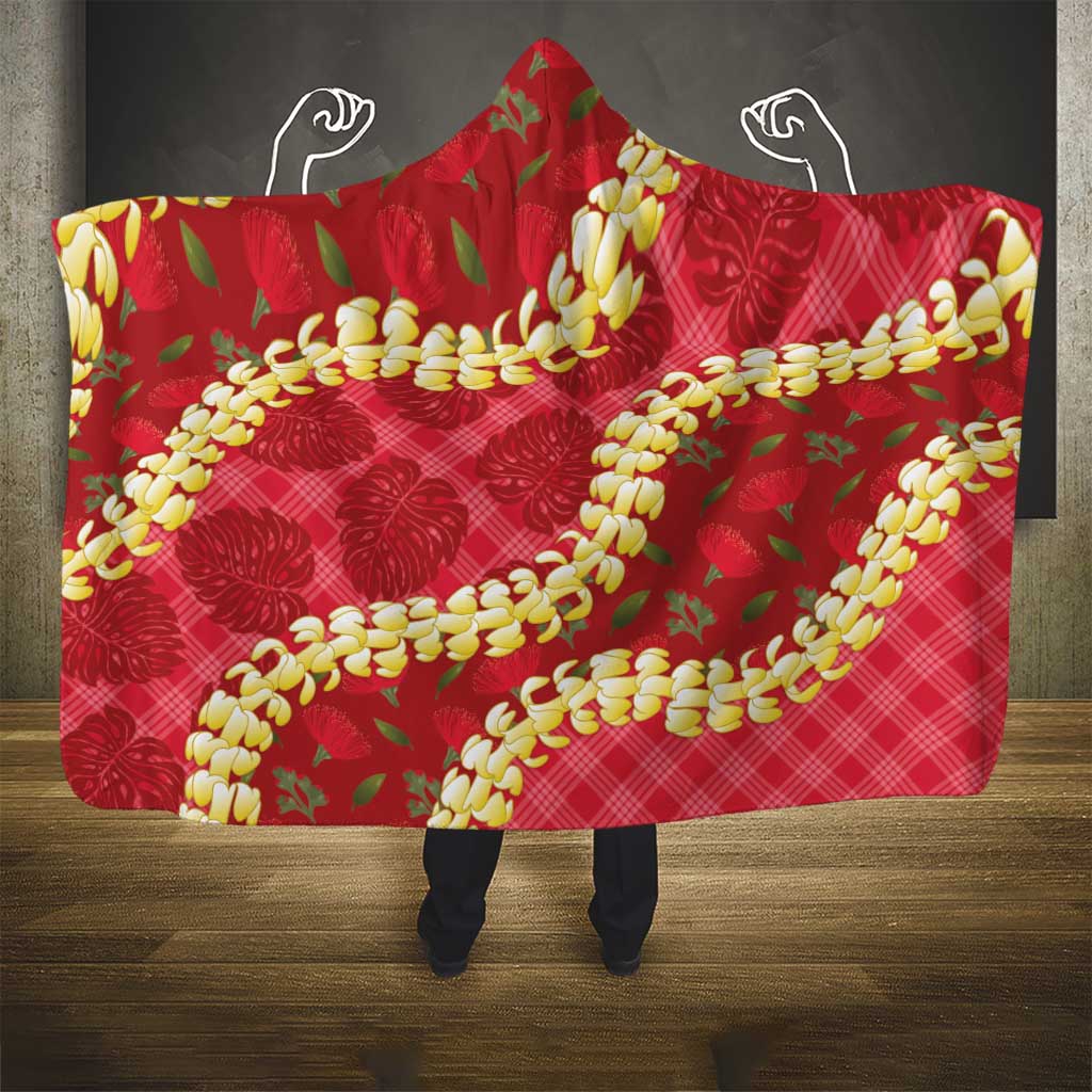 Red Palaka Hawaii Mele Kalikimaka Hooded Blanket Ohia Lehua Monstera Puakenikeni Lei LT14 - Polynesian Pride