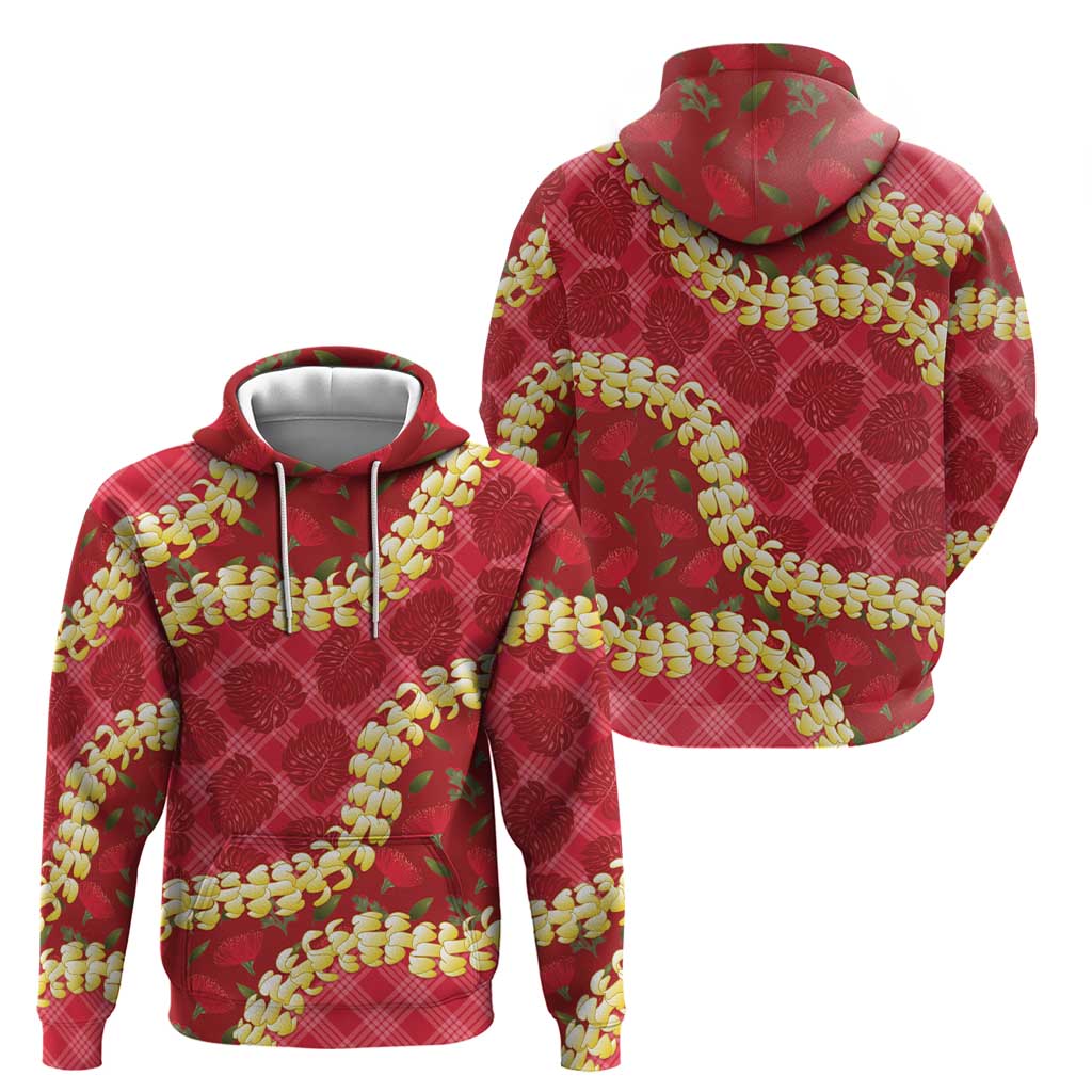Red Palaka Hawaii Mele Kalikimaka Hoodie Ohia Lehua Monstera Puakenikeni Lei LT14 - Polynesian Pride