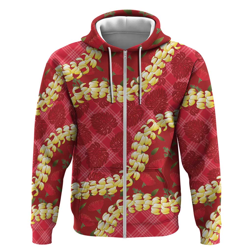 Red Palaka Hawaii Mele Kalikimaka Hoodie Ohia Lehua Monstera Puakenikeni Lei LT14 Zip Hoodie Red - Polynesian Pride