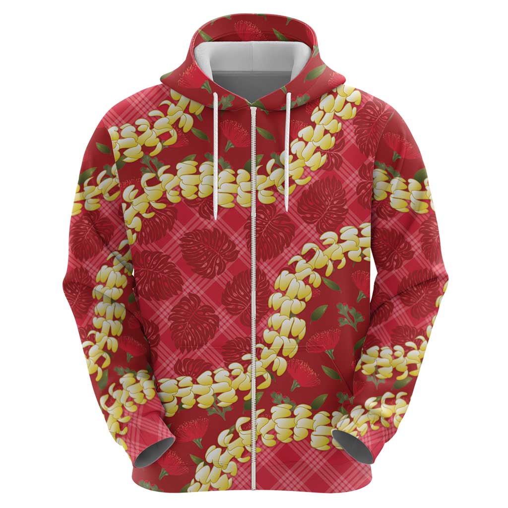 Red Palaka Hawaii Mele Kalikimaka Hoodie Ohia Lehua Monstera Puakenikeni Lei LT14 - Polynesian Pride
