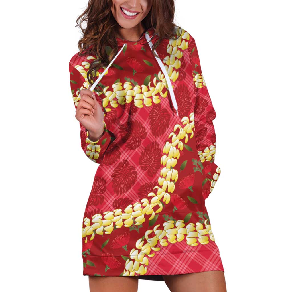 Red Palaka Hawaii Mele Kalikimaka Hoodie Dress Ohia Lehua Monstera Puakenikeni Lei LT14 Red - Polynesian Pride