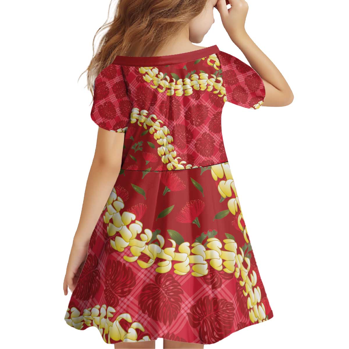 Red Palaka Hawaii Mele Kalikimaka Kid Short Sleeve Dress Ohia Lehua Monstera Puakenikeni Lei LT14 - Polynesian Pride