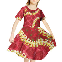 Red Palaka Hawaii Mele Kalikimaka Kid Short Sleeve Dress Ohia Lehua Monstera Puakenikeni Lei LT14 - Polynesian Pride