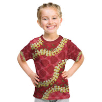 Red Palaka Hawaii Mele Kalikimaka Kid T Shirt Ohia Lehua Monstera Puakenikeni Lei LT14 Red - Polynesian Pride