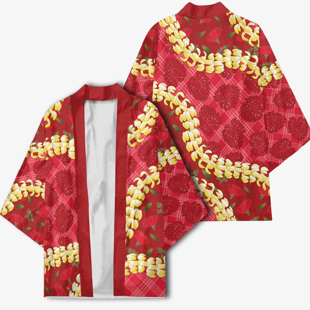 Red Palaka Hawaii Mele Kalikimaka Kimono Ohia Lehua Monstera Puakenikeni Lei LT14 - Polynesian Pride