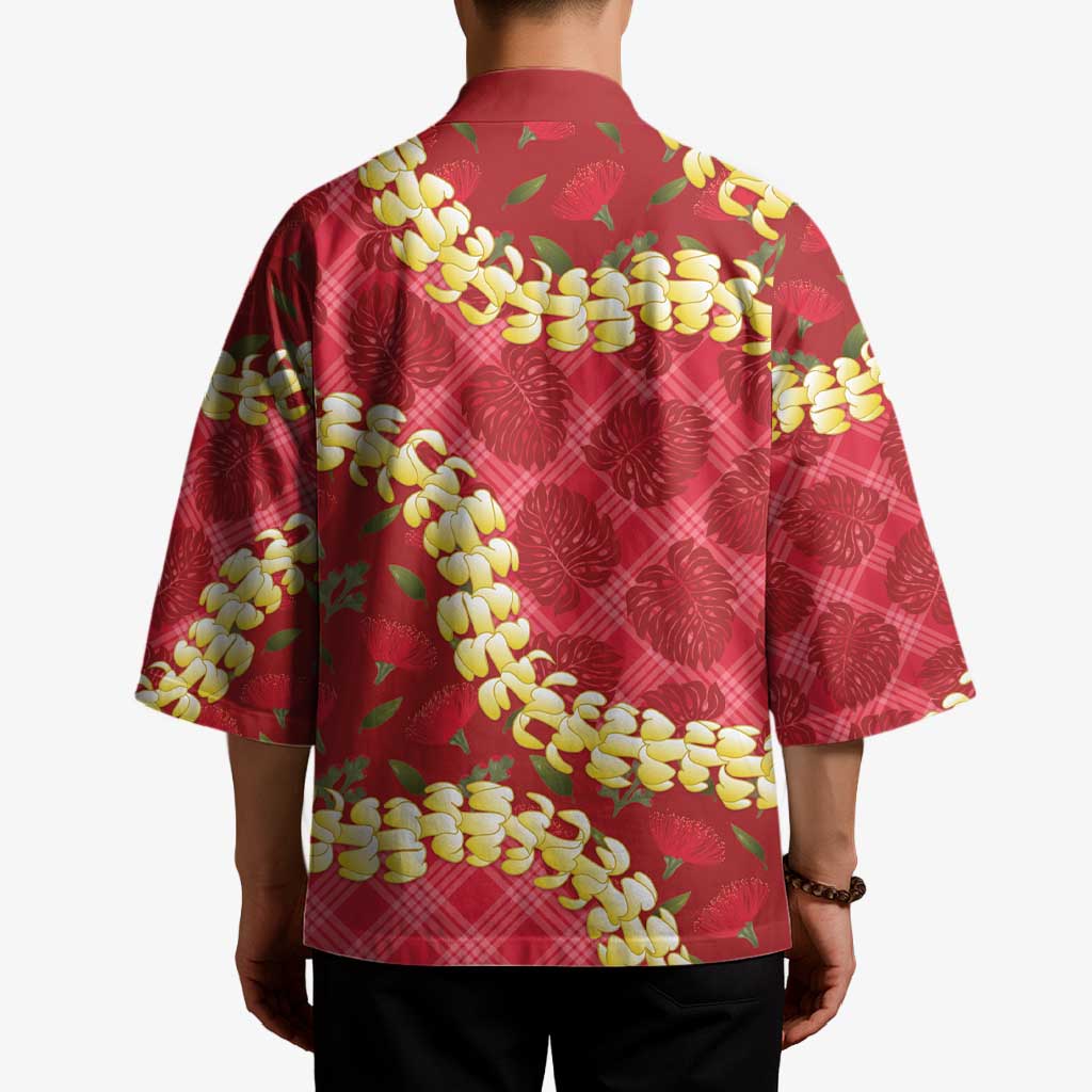 Red Palaka Hawaii Mele Kalikimaka Kimono Ohia Lehua Monstera Puakenikeni Lei LT14 - Polynesian Pride
