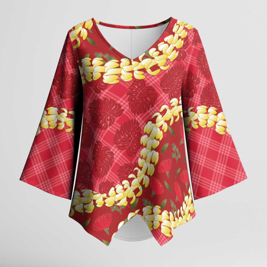 Red Palaka Hawaii Mele Kalikimaka Kimono Sleeve Blouse Ohia Lehua Monstera Puakenikeni Lei LT14 Female Red - Polynesian Pride