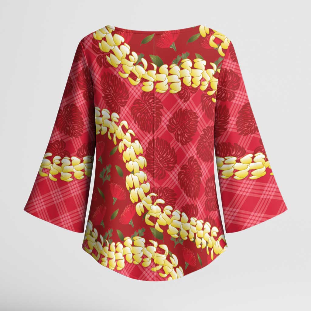 Red Palaka Hawaii Mele Kalikimaka Kimono Sleeve Blouse Ohia Lehua Monstera Puakenikeni Lei LT14 - Polynesian Pride