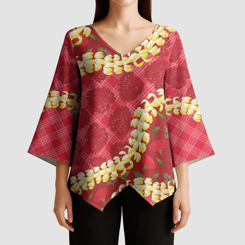 Red Palaka Hawaii Mele Kalikimaka Kimono Sleeve Blouse Ohia Lehua Monstera Puakenikeni Lei LT14 - Polynesian Pride