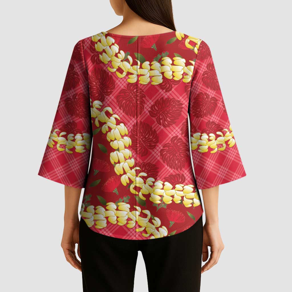 Red Palaka Hawaii Mele Kalikimaka Kimono Sleeve Blouse Ohia Lehua Monstera Puakenikeni Lei LT14 - Polynesian Pride