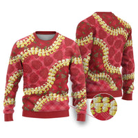 Red Palaka Hawaii Mele Kalikimaka Ugly Christmas Sweater Ohia Lehua Monstera Puakenikeni Lei LT14 Red - Polynesian Pride