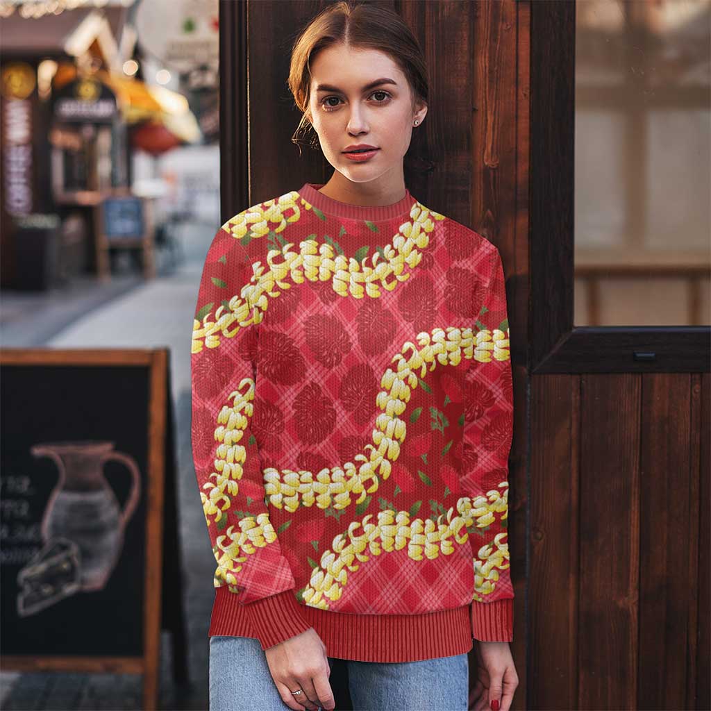 Red Palaka Hawaii Mele Kalikimaka Ugly Christmas Sweater Ohia Lehua Monstera Puakenikeni Lei LT14 - Polynesian Pride