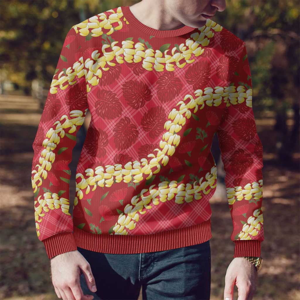 Red Palaka Hawaii Mele Kalikimaka Ugly Christmas Sweater Ohia Lehua Monstera Puakenikeni Lei LT14 - Polynesian Pride