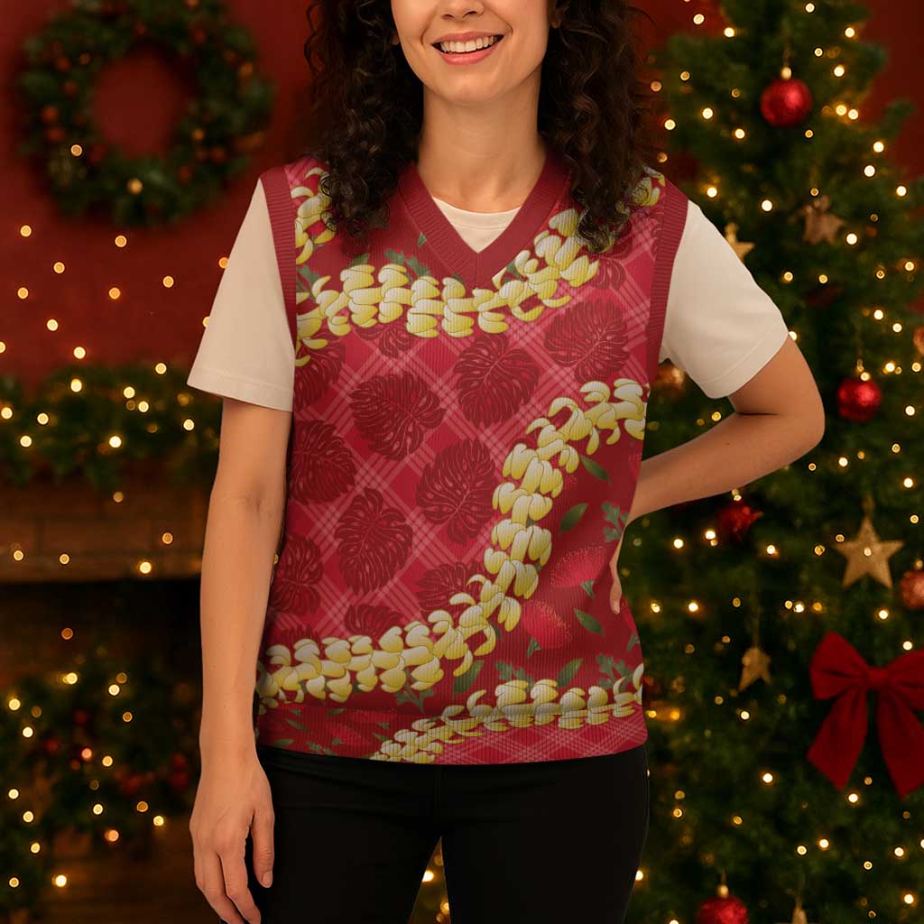 Red Palaka Hawaii Mele Kalikimaka Christmas Knitted V-Neck Vest Ohia Lehua Monstera Puakenikeni Lei LT14 - Polynesian Pride
