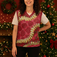 Red Palaka Hawaii Mele Kalikimaka Christmas Knitted V-Neck Vest Ohia Lehua Monstera Puakenikeni Lei LT14 - Polynesian Pride