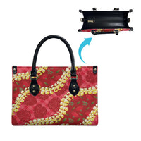 Red Palaka Hawaii Mele Kalikimaka Leather Bag Ohia Lehua Monstera Puakenikeni Lei LT14 - Polynesian Pride