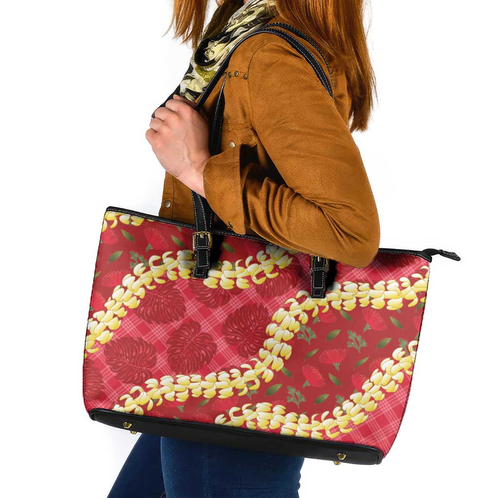 Red Palaka Hawaii Mele Kalikimaka Leather Tote Bag Ohia Lehua Monstera Puakenikeni Lei LT14 Red - Polynesian Pride