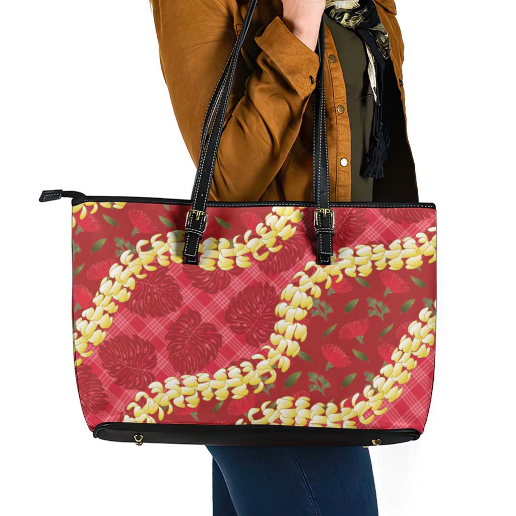 Red Palaka Hawaii Mele Kalikimaka Leather Tote Bag Ohia Lehua Monstera Puakenikeni Lei LT14 - Polynesian Pride