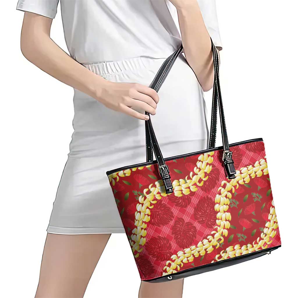 Red Palaka Hawaii Mele Kalikimaka Leather Tote Bag Ohia Lehua Monstera Puakenikeni Lei LT14 - Polynesian Pride