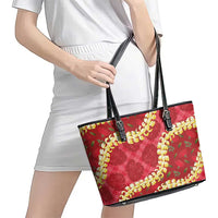 Red Palaka Hawaii Mele Kalikimaka Leather Tote Bag Ohia Lehua Monstera Puakenikeni Lei LT14 - Polynesian Pride