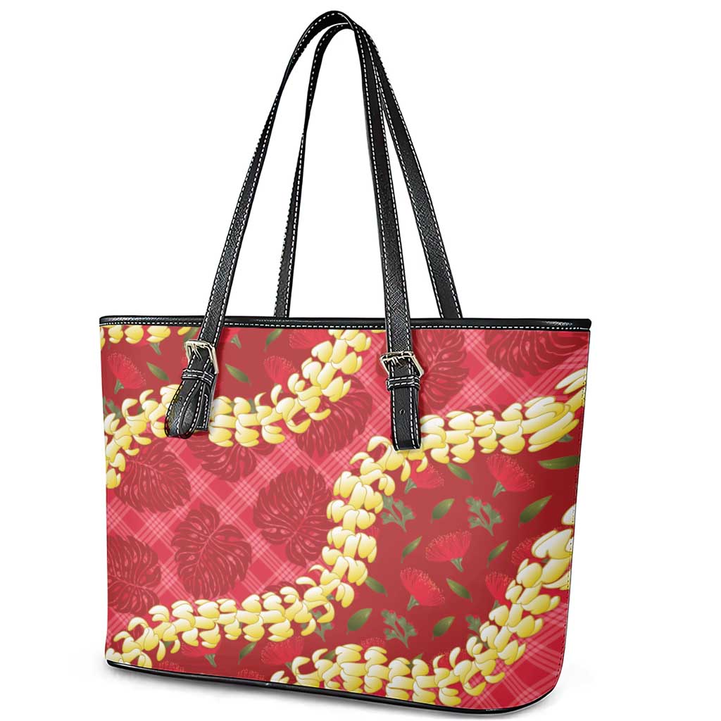 Red Palaka Hawaii Mele Kalikimaka Leather Tote Bag Ohia Lehua Monstera Puakenikeni Lei LT14 - Polynesian Pride
