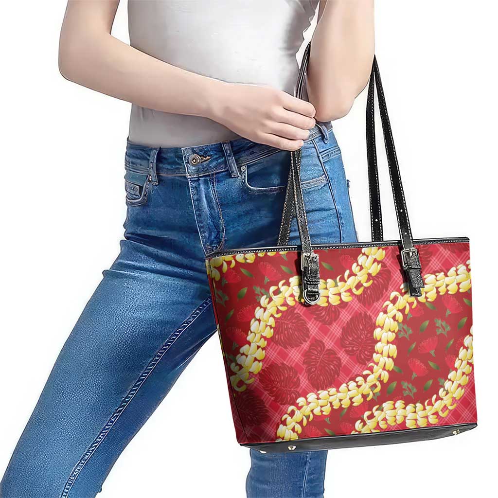 Red Palaka Hawaii Mele Kalikimaka Leather Tote Bag Ohia Lehua Monstera Puakenikeni Lei LT14 - Polynesian Pride