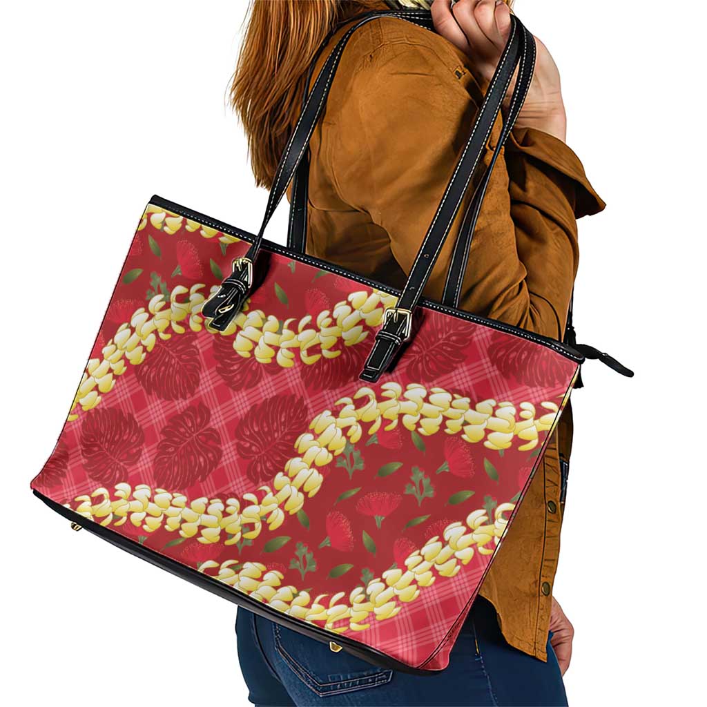 Red Palaka Hawaii Mele Kalikimaka Leather Tote Bag Ohia Lehua Monstera Puakenikeni Lei LT14 - Polynesian Pride