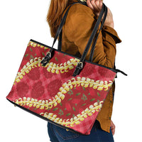 Red Palaka Hawaii Mele Kalikimaka Leather Tote Bag Ohia Lehua Monstera Puakenikeni Lei LT14 - Polynesian Pride