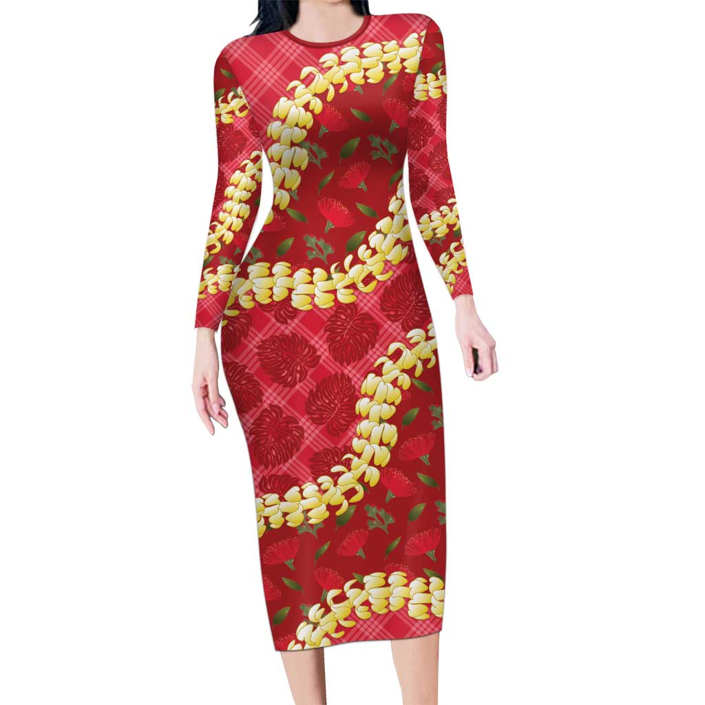 Red Palaka Hawaii Mele Kalikimaka Long Sleeve Bodycon Dress Ohia Lehua Monstera Puakenikeni Lei - Polynesian Pride