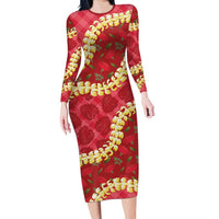 Red Palaka Hawaii Mele Kalikimaka Long Sleeve Bodycon Dress Ohia Lehua Monstera Puakenikeni Lei LT14 Long Dress Red - Polynesian Pride