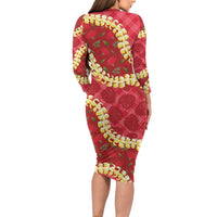Red Palaka Hawaii Mele Kalikimaka Long Sleeve Bodycon Dress Ohia Lehua Monstera Puakenikeni Lei LT14 - Polynesian Pride
