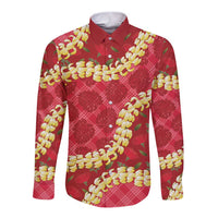 Red Palaka Hawaii Mele Kalikimaka Long Sleeve Button Shirt Ohia Lehua Monstera Puakenikeni Lei LT14 Unisex Red - Polynesian Pride