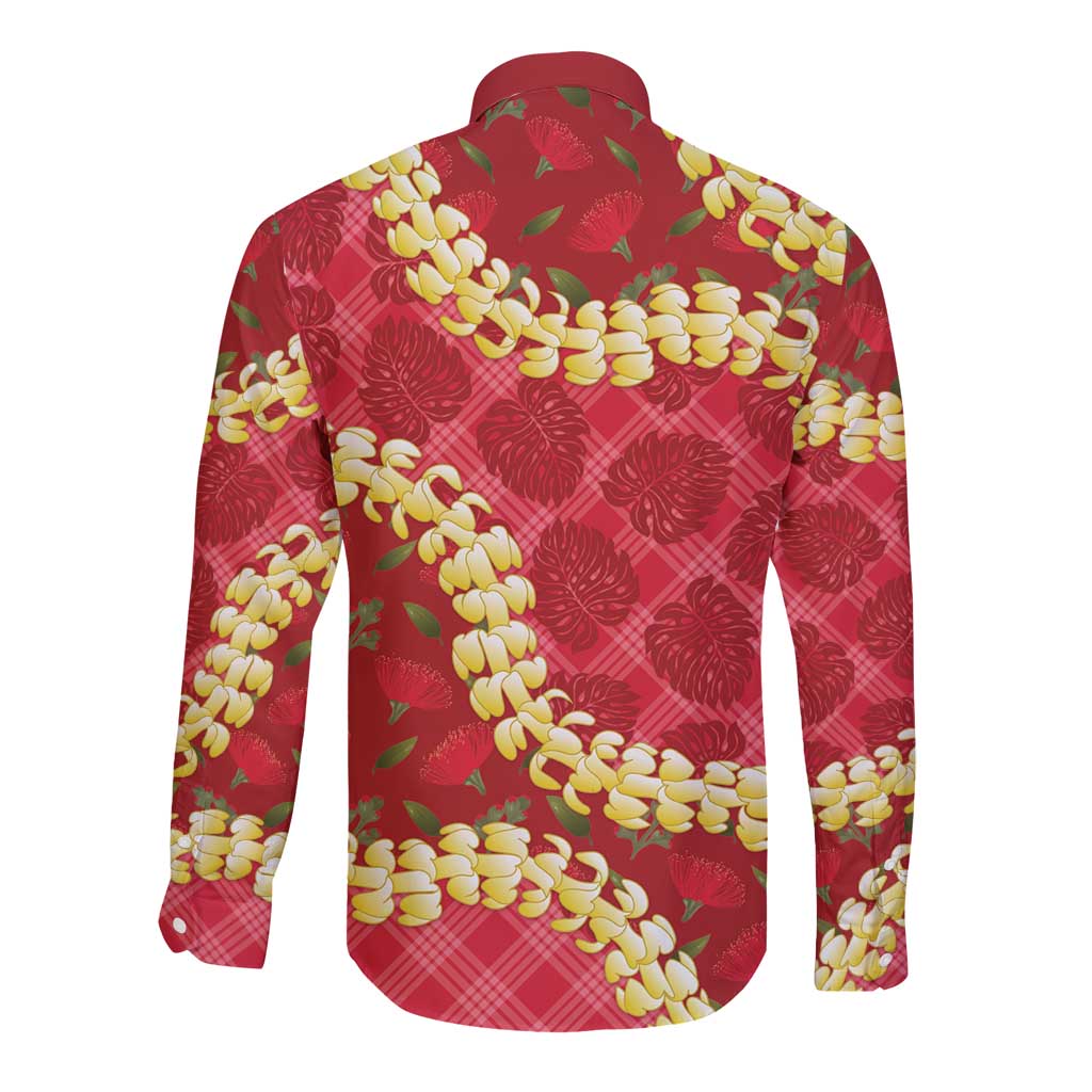Red Palaka Hawaii Mele Kalikimaka Long Sleeve Button Shirt Ohia Lehua Monstera Puakenikeni Lei LT14 - Polynesian Pride