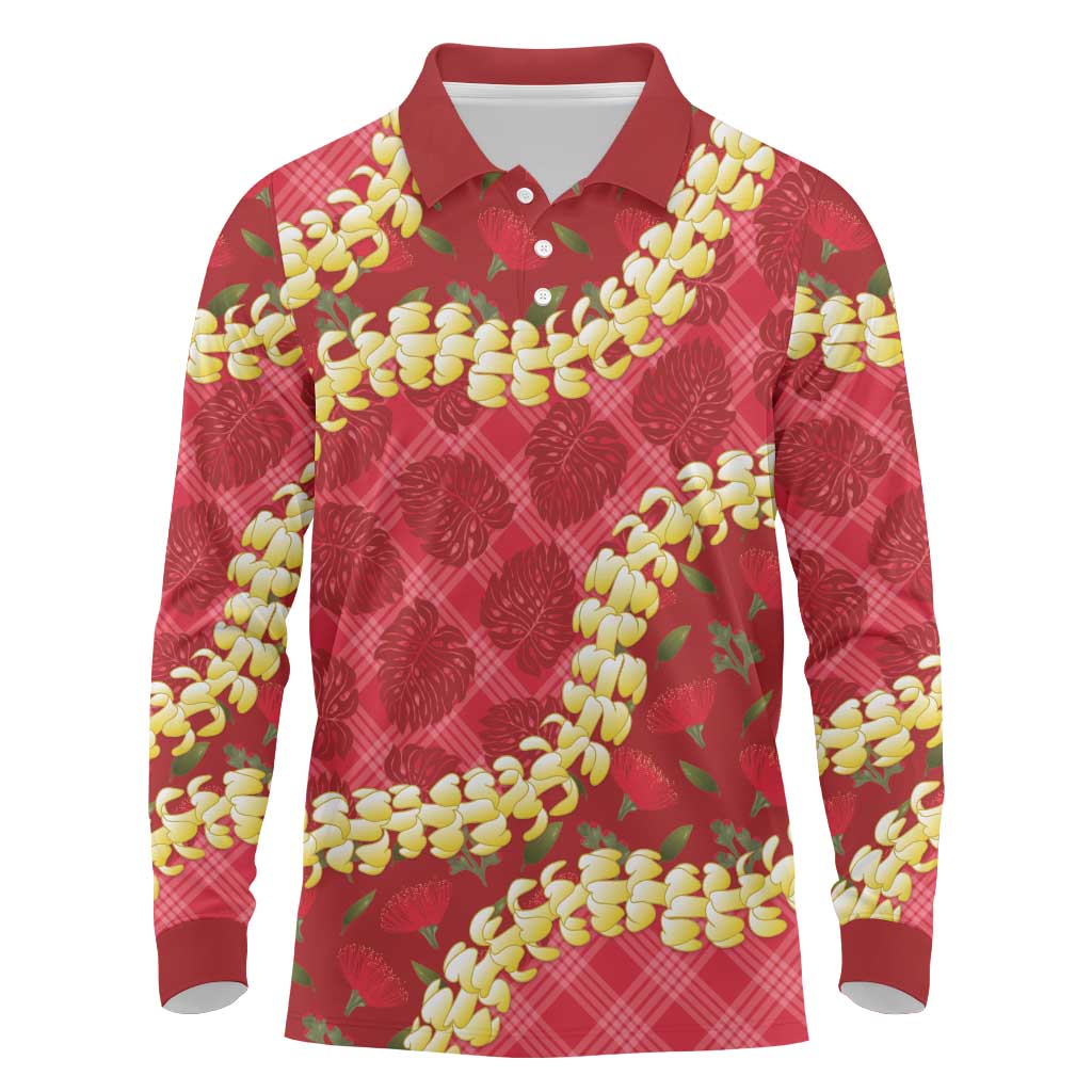 Red Palaka Hawaii Mele Kalikimaka Long Sleeve Polo Shirt Ohia Lehua Monstera Puakenikeni Lei LT14 Red - Polynesian Pride