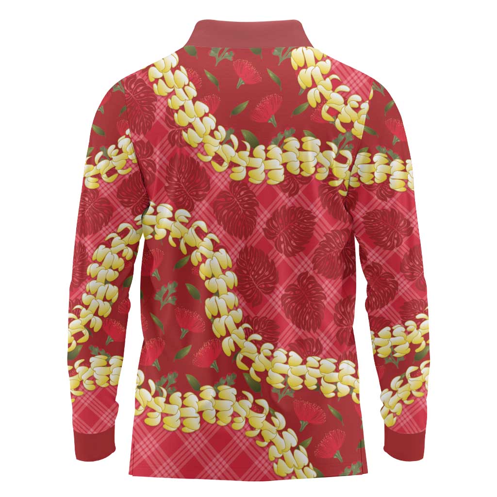 Red Palaka Hawaii Mele Kalikimaka Long Sleeve Polo Shirt Ohia Lehua Monstera Puakenikeni Lei LT14 - Polynesian Pride