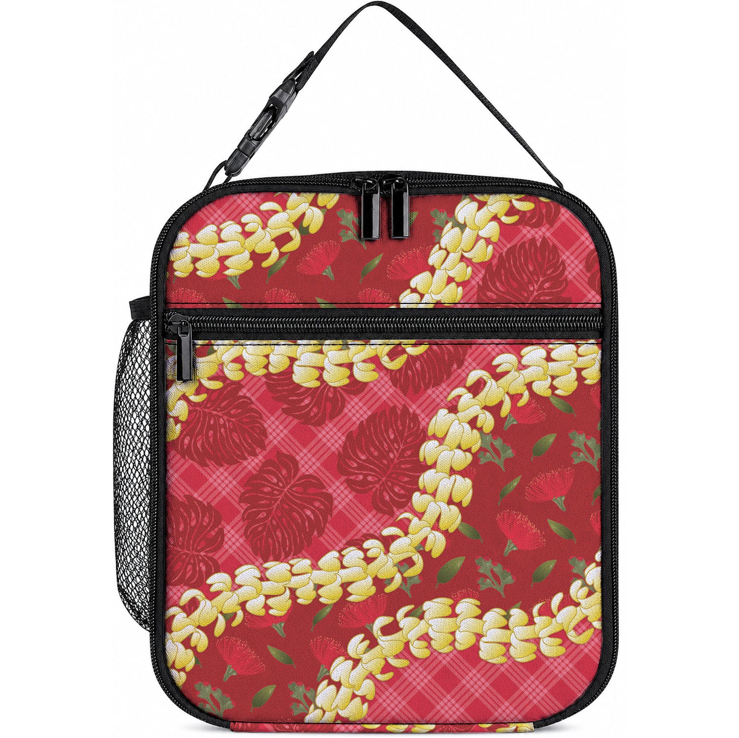 Red Palaka Hawaii Mele Kalikimaka Lunch Bag Ohia Lehua Monstera Puakenikeni Lei