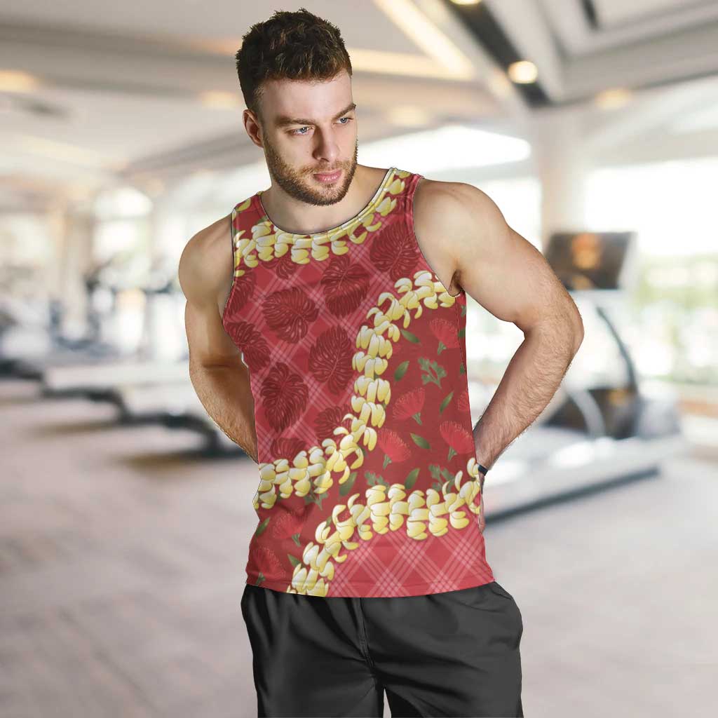 Red Palaka Hawaii Mele Kalikimaka Men Tank Top Ohia Lehua Monstera Puakenikeni Lei LT14 Red - Polynesian Pride