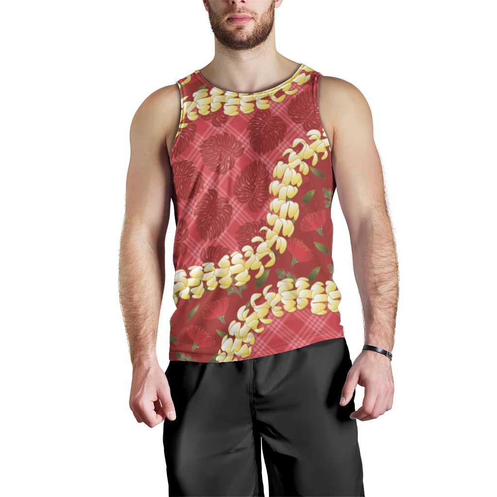 Red Palaka Hawaii Mele Kalikimaka Men Tank Top Ohia Lehua Monstera Puakenikeni Lei LT14 - Polynesian Pride
