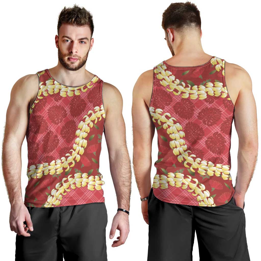 Red Palaka Hawaii Mele Kalikimaka Men Tank Top Ohia Lehua Monstera Puakenikeni Lei LT14 - Polynesian Pride