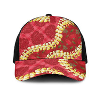 Red Palaka Hawaii Mele Kalikimaka Mesh Trucker Cap Ohia Lehua Monstera Puakenikeni Lei LT14 One Size Black Red - Polynesian Pride