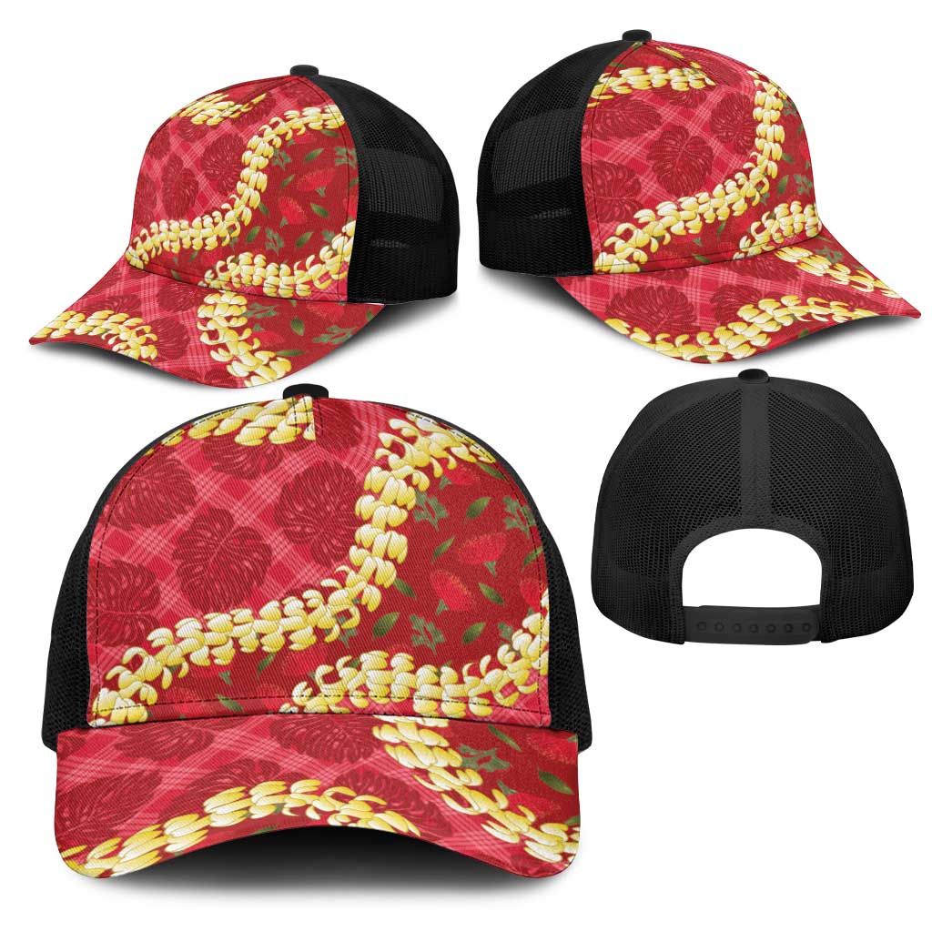 Red Palaka Hawaii Mele Kalikimaka Mesh Trucker Cap Ohia Lehua Monstera Puakenikeni Lei LT14 - Polynesian Pride