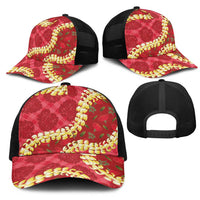 Red Palaka Hawaii Mele Kalikimaka Mesh Trucker Cap Ohia Lehua Monstera Puakenikeni Lei LT14 - Polynesian Pride