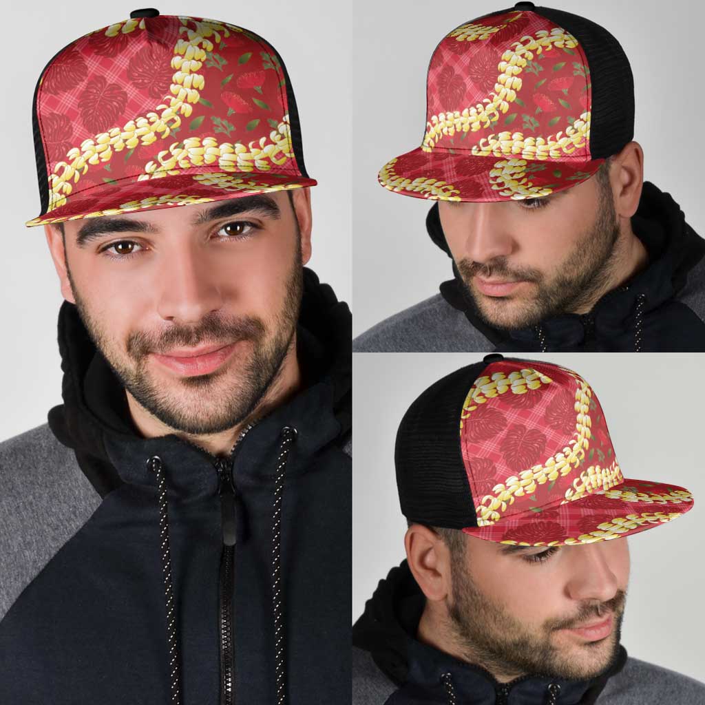 Red Palaka Hawaii Mele Kalikimaka Mesh Trucker Cap Ohia Lehua Monstera Puakenikeni Lei LT14 - Polynesian Pride