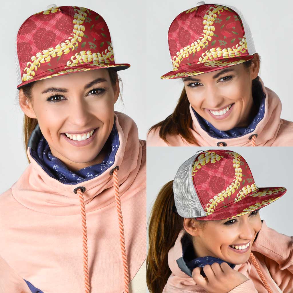 Red Palaka Hawaii Mele Kalikimaka Mesh Trucker Cap Ohia Lehua Monstera Puakenikeni Lei LT14 - Polynesian Pride