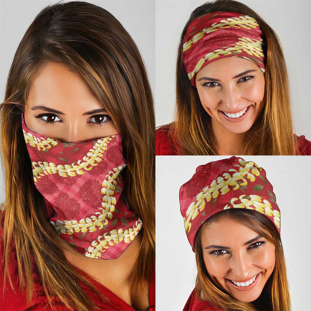 Red Palaka Hawaii Mele Kalikimaka Neck Gaiter Ohia Lehua Monstera Puakenikeni Lei LT14 - Polynesian Pride