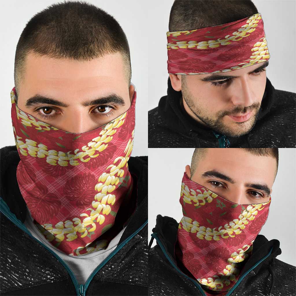 Red Palaka Hawaii Mele Kalikimaka Neck Gaiter Ohia Lehua Monstera Puakenikeni Lei LT14 - Polynesian Pride