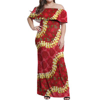 Red Palaka Hawaii Mele Kalikimaka Off Shoulder Maxi Dress Ohia Lehua Monstera Puakenikeni Lei LT14 Women Red - Polynesian Pride