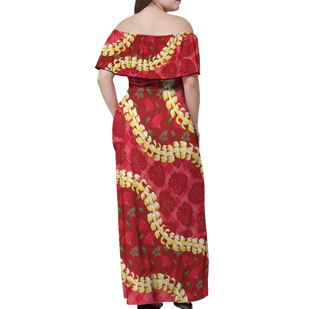 Red Palaka Hawaii Mele Kalikimaka Off Shoulder Maxi Dress Ohia Lehua Monstera Puakenikeni Lei LT14 - Polynesian Pride